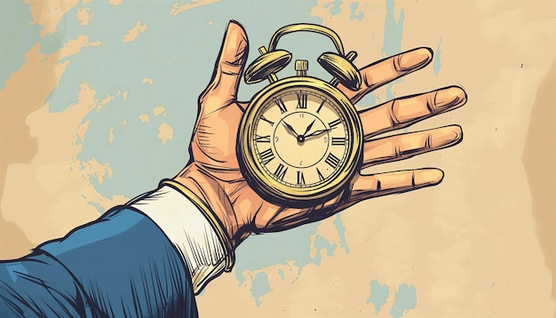 Photo photo cartoon comics sketch picture of arm palm classic vintage clock isolated blue beige painted b