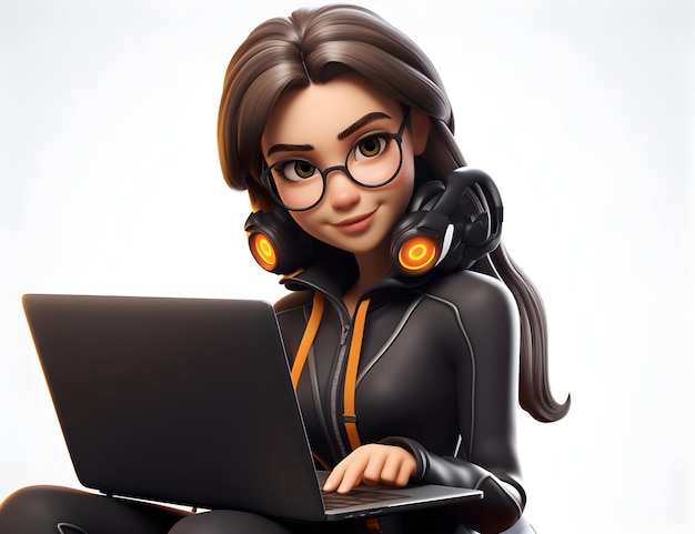 photo cartoon young businesswoman working with laptop generative ai