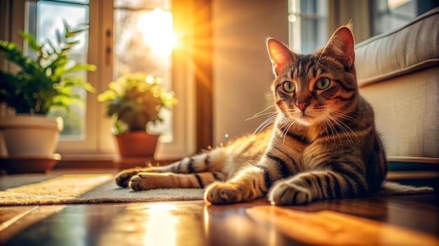 A photo of a cat lounging in a sunlit room