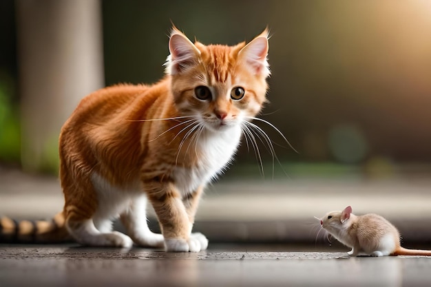 photo a cat and a rat are looking at each other