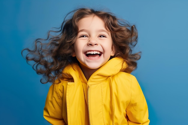 Photo of Caucasian girl kid on blue background smiling High quality photo