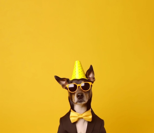 Photo of Celebrating Happy with birthday hat glasses and copy space background