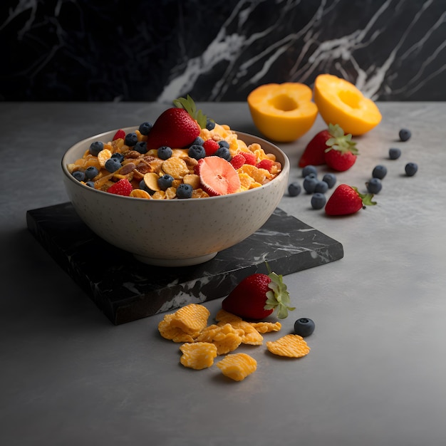 photo cereal in bowl and c fruit on marble background Food photography