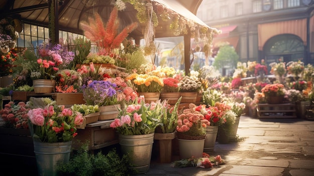 photo of a charming flower market stall with buckets of flowers