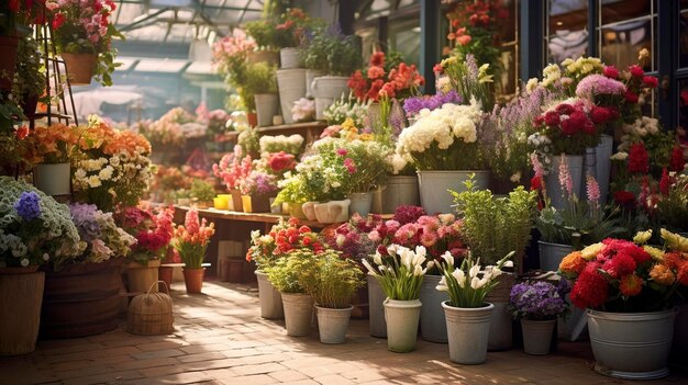 photo of a charming flower market stall with buckets of flowers