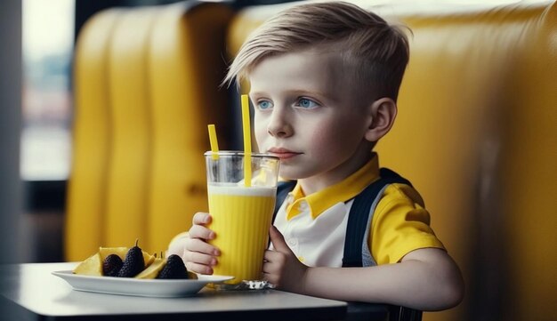 Photo photo charming funny little boy drinks a milkshake