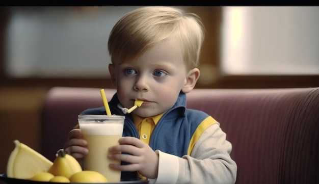 Photo photo charming funny little boy drinks a milkshake