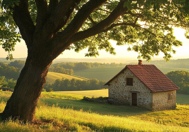 Photo photo of a charming stone cottage with a red roof surrounded by lush green fields at sunset