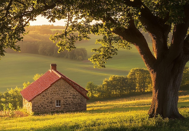 Photo photo of a charming stone cottage with a red roof surrounded by lush green fields at sunset