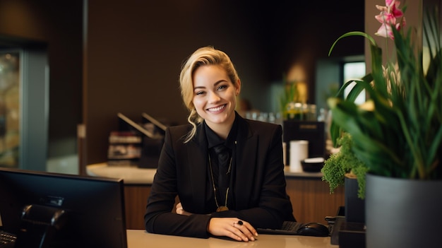 Photo photo of cheerful female receptionist at the front desk of a hotel and dressed well