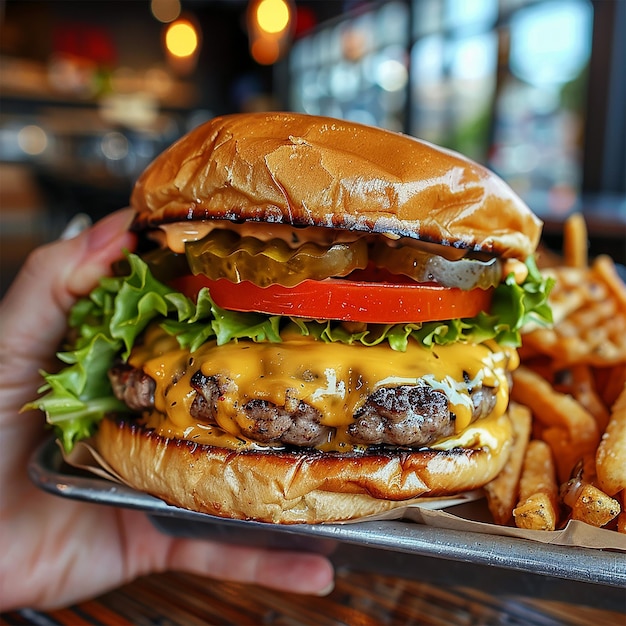 photo of a cheeseburger with lettuce a package of French fries with sauce