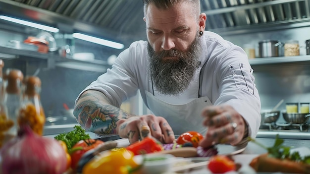 Photo photo of chef in a gourmet kitchen passionately prepares an elaborate dish artfully arranging