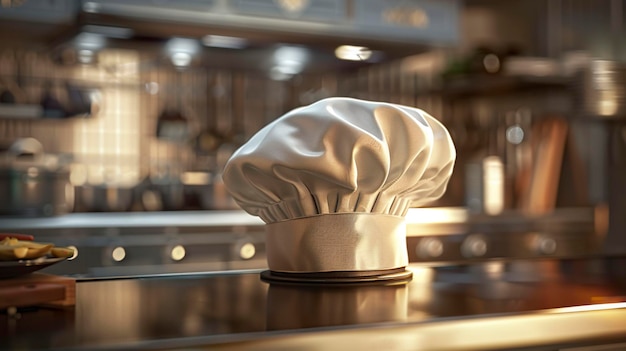 A photo of a chefs hat on a kitchen counter