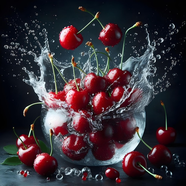 photo Cherries splashing in water on a dark background