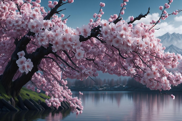 A photo of a cherry blossom tree with a lake in the background