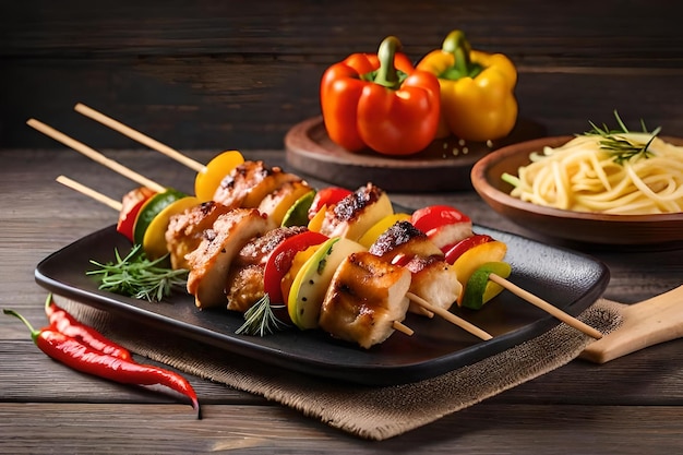 photo chicken skewers with slice of sweet peppers and dill realistic resolution