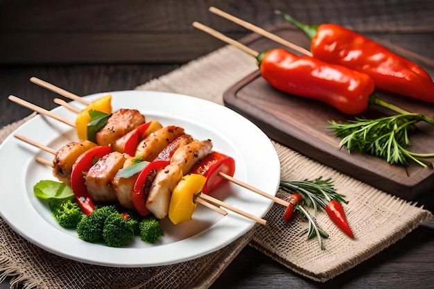 photo chicken skewers with slice of sweet peppers and dill realistic resolution