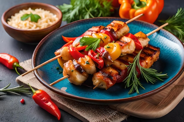 photo chicken skewers with slice of sweet peppers and dill realistic resolution