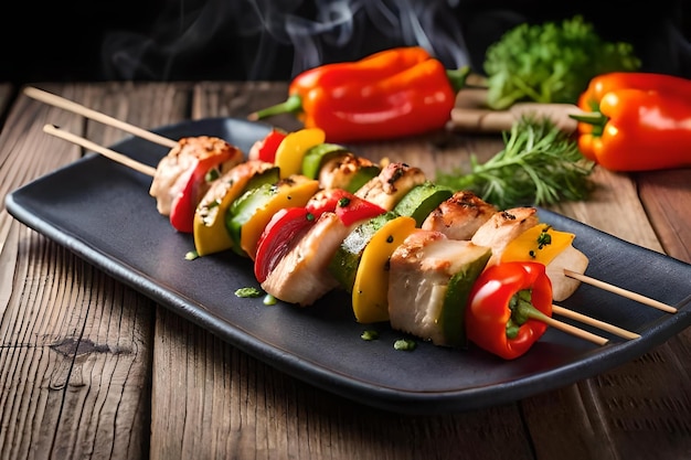 photo chicken skewers with slice of sweet peppers and dill realistic resolution