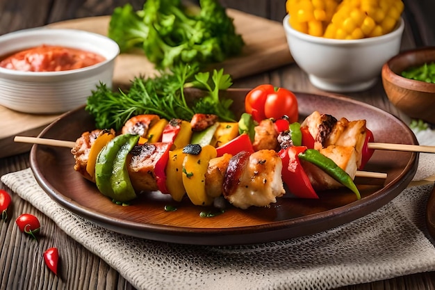 photo chicken skewers with slice of sweet peppers and dill realistic resolution