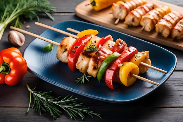 photo chicken skewers with slice of sweet peppers and dill realistic resolution