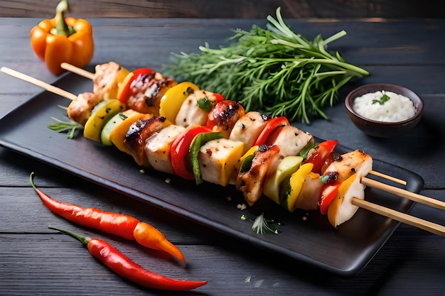 photo chicken skewers with slice of sweet peppers and dill realistic resolution