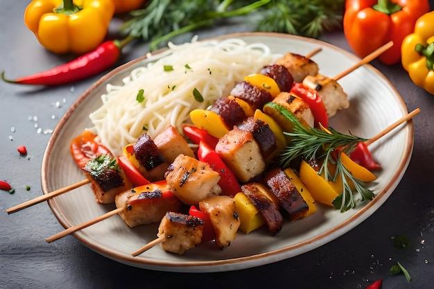 photo chicken skewers with slice of sweet peppers and dill realistic resolution