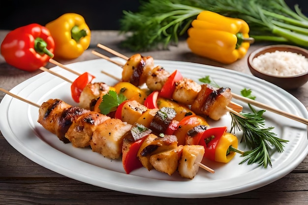 photo chicken skewers with slice of sweet peppers and dill realistic resolution