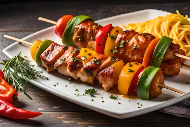 photo chicken skewers with slice of sweet peppers and dill realistic resolution