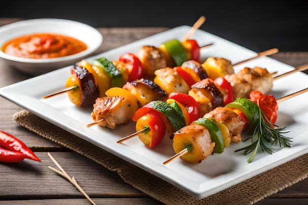 photo chicken skewers with slice of sweet peppers and dill realistic resolution