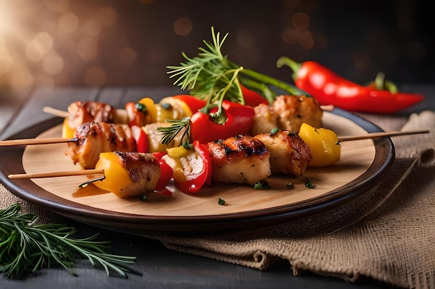 photo chicken skewers with slice of sweet peppers and dill realistic resolution