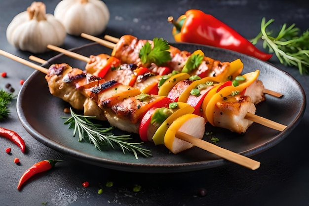 photo chicken skewers with slice of sweet peppers and dill realistic resolution