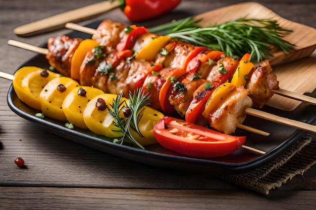 photo chicken skewers with slice of sweet peppers and dill realistic resolution