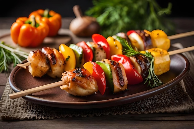 photo chicken skewers with slice of sweet peppers and dill realistic resolution