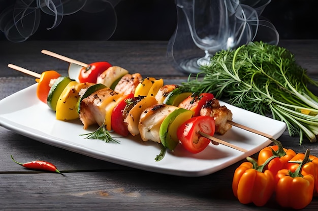 photo chicken skewers with slice of sweet peppers and dill realistic resolution