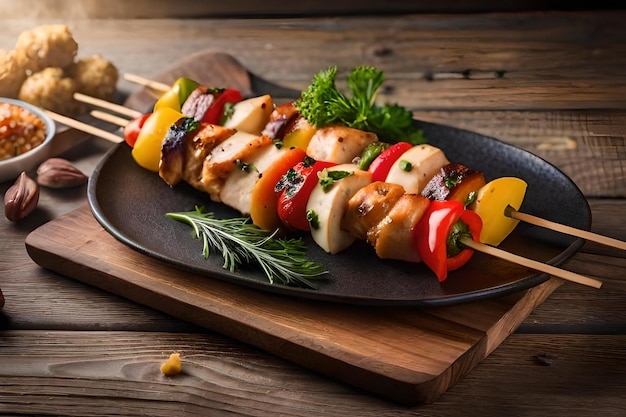 photo chicken skewers with slice of sweet peppers and dill realistic resolution