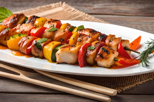 photo chicken skewers with slice of sweet peppers and dill realistic resolution