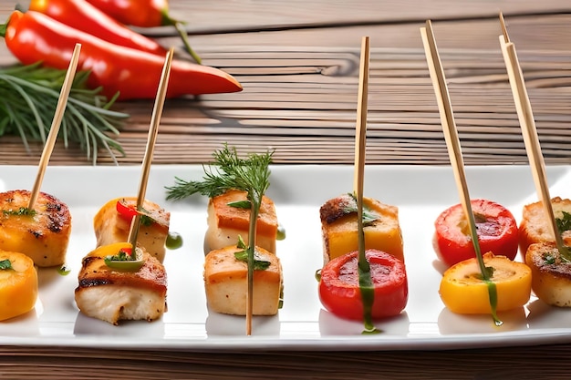 photo chicken skewers with slice of sweet peppers and dill realistic resolution