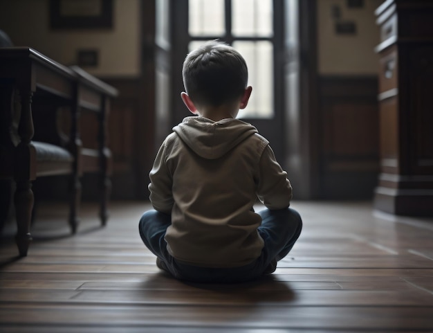 Photo a child boy sits in a dark room on International Day Of Innocent Children Victim Of Aggression