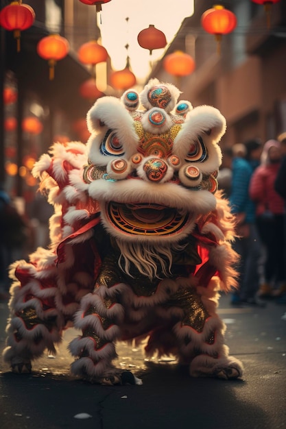 Photo a chinese lion dance in the street