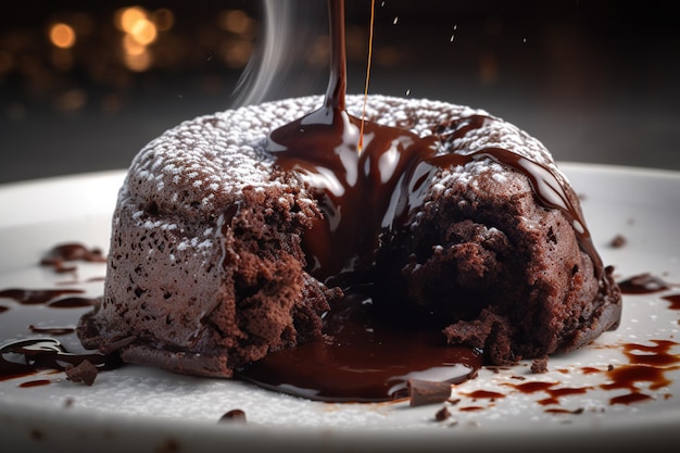 A photo of a chocolate cake sprinkled with hot chocolate and there is a delicious chocolate lava