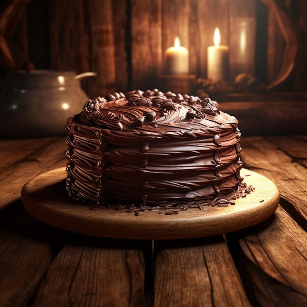 Photo of a chocolate cake with chocolate and nuts on top