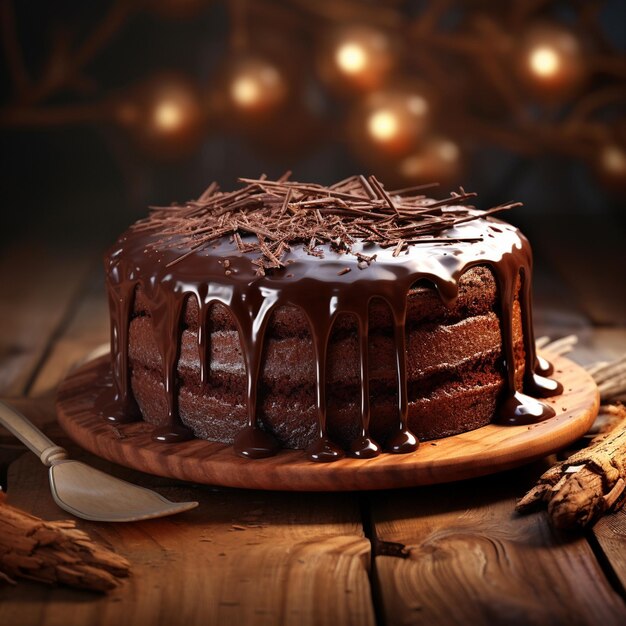 Photo of a chocolate cake with chocolate and nuts on top