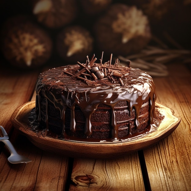 Photo of a chocolate cake with chocolate and nuts on top