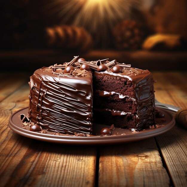 Photo of a chocolate cake with chocolate and nuts on top