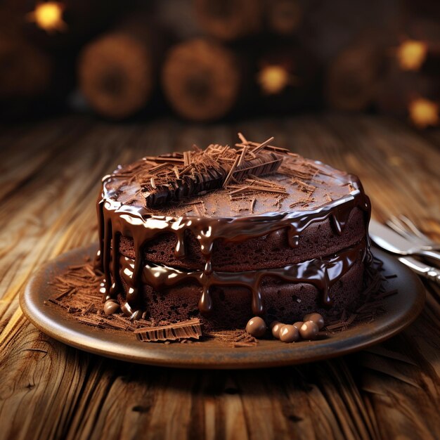 Photo of a chocolate cake with chocolate and nuts on top