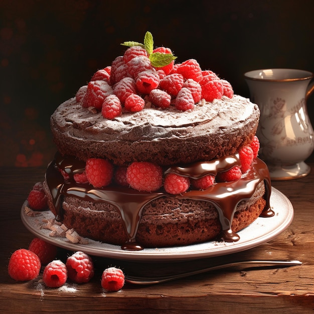 Photo of a chocolate cake with chocolate and nuts on top