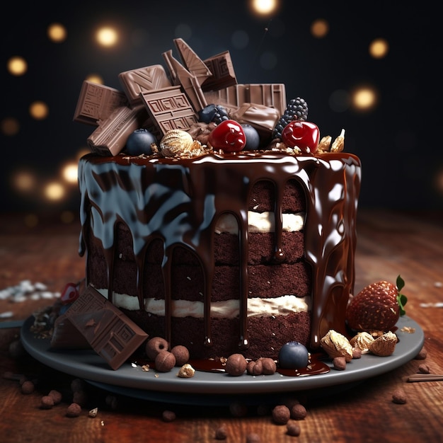 Photo of a chocolate cake with chocolate and nuts on top