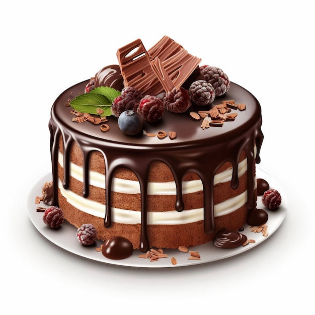 Photo of a chocolate cake with chocolate and nuts on top