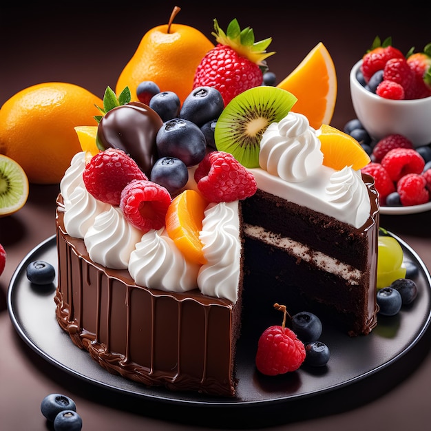 Photo chocolate cake with whipped cream and fruits Generated by AI tools